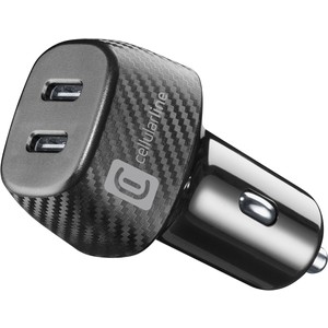 Découvrez le chargeur de voiture USB-C noir à 2 ports de Cellularline pour charger votre téléphone rapidement et en toute sécurité ! Achetez-le maintenant !